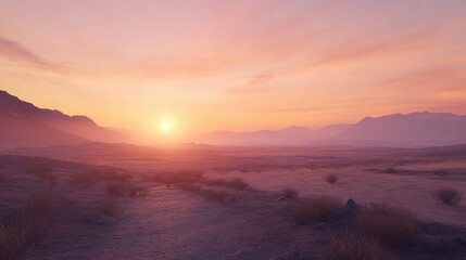 The calm of a desert at dawn, with the horizon glowing in soft pinks and oranges, and the desert floor still in cool shadow
