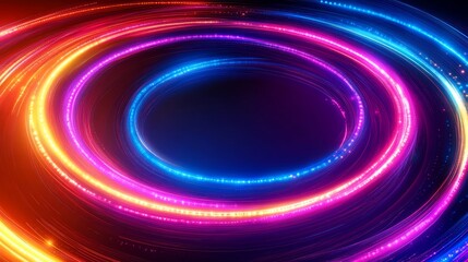 Obraz premium Abstract background with glowing neon circles in blue, pink and orange on a black background.