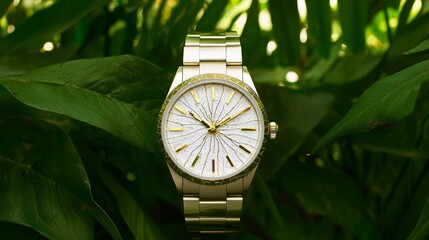 Naklejka premium Elegant Kintsugi-Inspired Wristwatch: Fashionable Timepiece with Cracked Ceramic Face and Gold Details on Lush Greenery Background