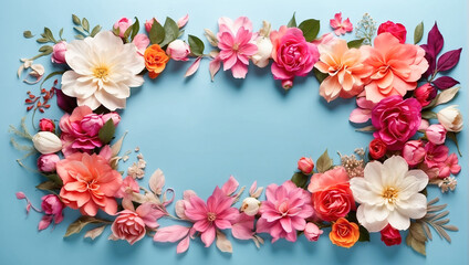 An elegant oval-shaped floral arrangement on a blue background with roses and peonies in various colors