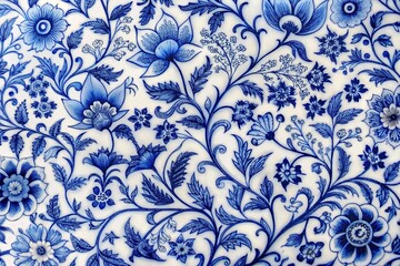 detailed blue and white chinoiserie pattern with interwoven vines and blossoms vintage porcelain style elegant and intricate floral motifs leading lines