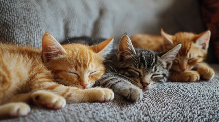cute little kitten cats sleeping together on a sofa