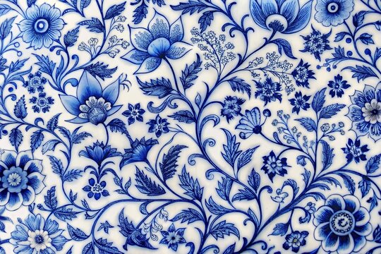 detailed blue and white chinoiserie pattern with interwoven vines and blossoms vintage porcelain style elegant and intricate floral motifs leading lines
