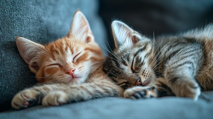 cute little kitten cats sleeping together on a sofa