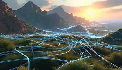 An illustration of computer technology connected to a sophisticated fiber optic network.