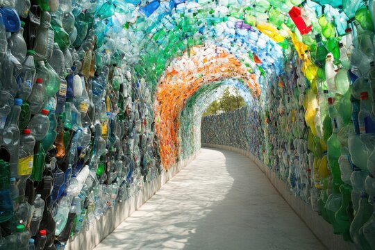 A creative art installation made entirely of plastic bottles and bags, conveying a powerful message about waste and environmental consciousness