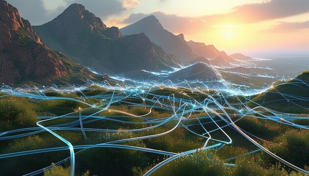 An illustration of computer technology connected to a sophisticated fiber optic network.