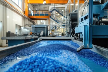 A factory producing plastic goods, with machinery and plastic pellets on the floor, symbolizing industrial production and environmental concerns