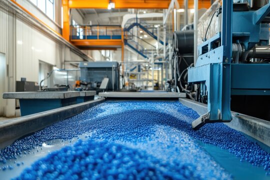 A factory producing plastic goods, with machinery and plastic pellets on the floor, symbolizing industrial production and environmental concerns