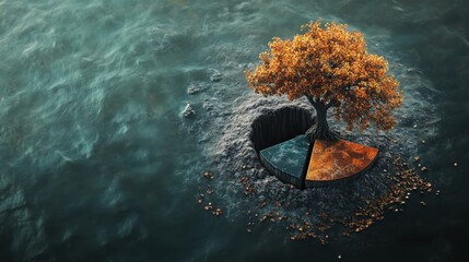 Financial market losses financial and economic decline concept and stockmarket crash or corporate loss as a tree shaped as a pie chart diagram with 3D illustration elements.