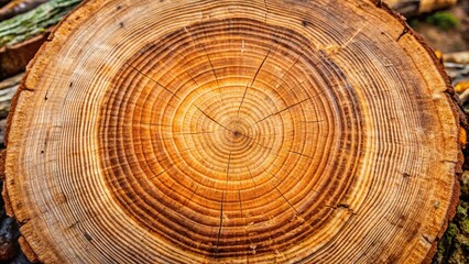 Fototapeta premium Detailed texture of a felled tree trunk or stump with organic tree rings and end grain