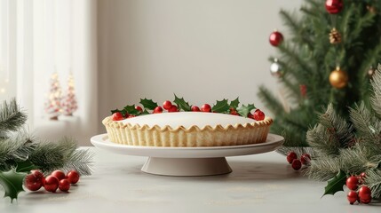 Holiday-themed pie plate mockup, designd with Christmas decor for culinary showcases.