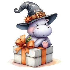 Naklejka premium Cute hippopotamus with Christmas clipart watercolor