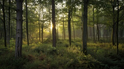 Naklejka premium Sunbeams Through the Forest Canopy