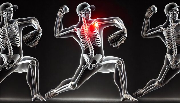 赤で肩の痛みのポイントを強調した野球の投球フォームの人体3Dイラスト