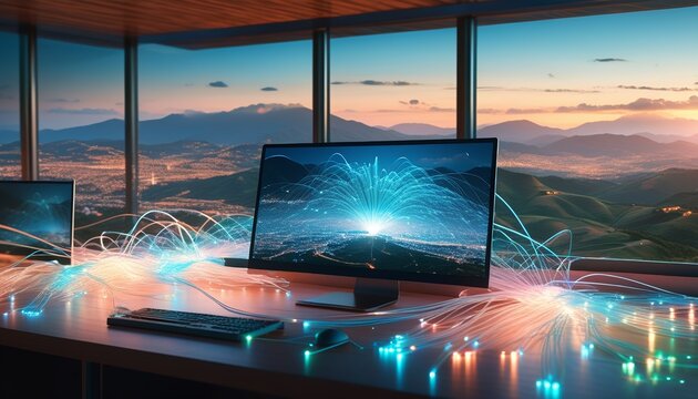 An illustration of computer technology connected to a sophisticated fiber optic network.