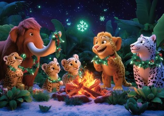 Enchanting Jungle Animals Gather Around Campfire Under Starry Night - Adorable Animated Wildlife in Lush Forest Setting