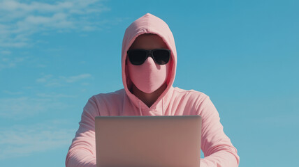 White hacker in protective suit using laptop on a pink background.