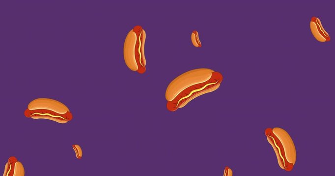Animation of falling hot dogs icons on purple background