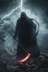 Obraz premium Grim reaper with scythe. Halloween theme poster.