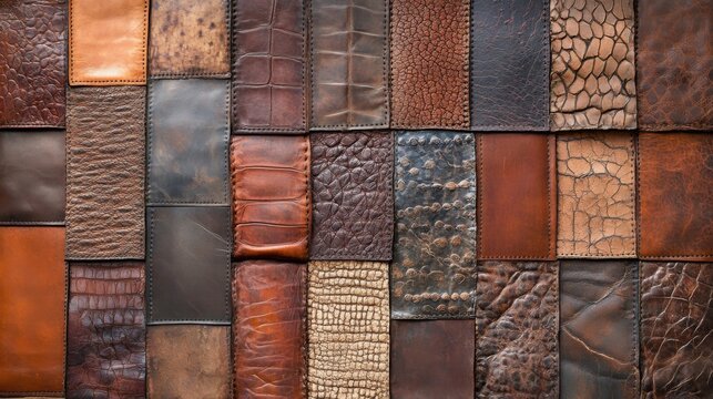 A patchwork of different leather types, ranging from smooth to textured, in various shades of brown.