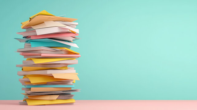 Colorful stack of files on a pastel pink table against a teal background.