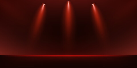 Empty stage glowing red color light on dark red background. Space for selling products on the website. Empty room with spotlight effect. Vector illustration