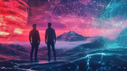 Fototapeta premium Two silhouetted figures stand before a vibrant, digital landscape, featuring dynamic waves, a vivid sky, and intricate geometric patterns.