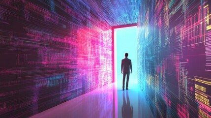 A silhouetted figure stands at the threshold of a vibrant, digital corridor, illuminated by colorful light patterns, symbolizing exploration and innovation.