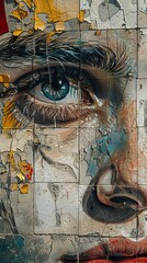 Close-Up Portrait of a Woman's Eye in a Mosaic of Cracked Tiles