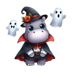 Cute hippo wearing a vampire costume and Halloween clipart watercolor