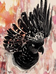 Black cockatoo with a pink and orange abstract background.