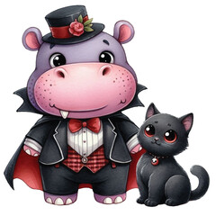 Naklejka premium Cute hippo wearing a vampire costume and Halloween clipart watercolor