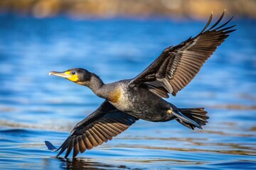 Obraz premium Double crested cormorant flying low above water from high angle view