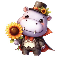 Cute hippo wearing a vampire costume and Halloween Holding a sunflower  clipart watercolor
