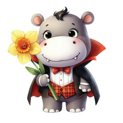 Cute hippo wearing a vampire costume and Halloween Holding a daffodil  clipart watercolor