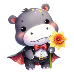 Cute hippo wearing a vampire costume and Halloween Holding a daffodil  clipart watercolor