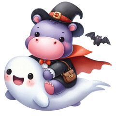 Fototapeta premium Cute hippo wearing a vampire costume and Halloween clipart watercolor