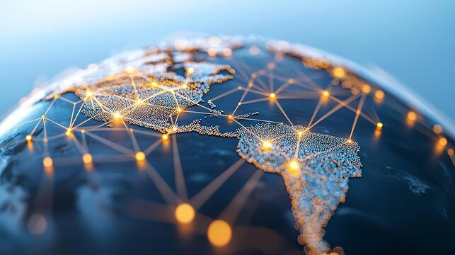 Satellite view of Earth with glowing network lines connecting major cities, depicting global interaction, communication, global ties concept