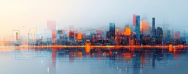 Vibrant abstract painting of a technologically advanced city, reflecting the interconnected nature of modern digital communications