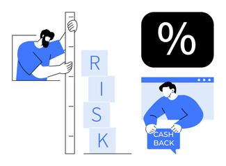 Man measures risk with ruler and stacked blocks spelling risk while another man holds cash back sign. Percent symbol in black box. Ideal for business, finance, risk management, investments