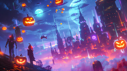 Spooky Halloween future city under a bright full moon. Glowing pumpkins, haunted houses, and bats fill the night with an eerie, magical vibe
