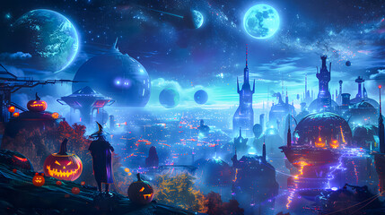 Spooky Halloween future city under a bright full moon. Glowing pumpkins, haunted houses, and bats fill the night with an eerie, magical vibe