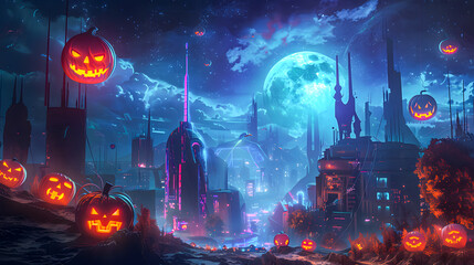 Spooky Halloween future city under a bright full moon. Glowing pumpkins, haunted houses, and bats fill the night with an eerie, magical vibe