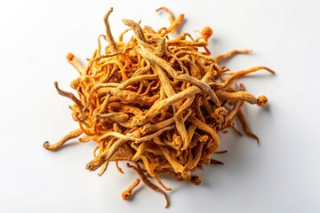 Obraz premium Dried cordyceps militaris mushroom isolated on white background high angle