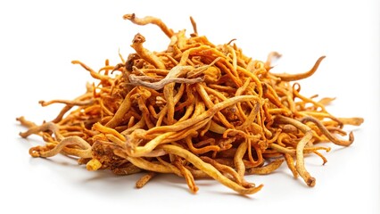 Obraz premium dried cordyceps militaris mushroom isolated on white background extreme close-up