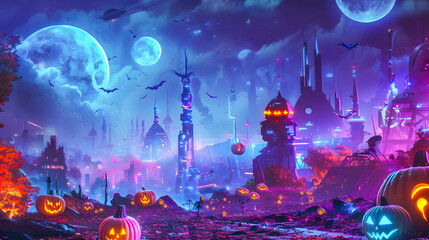 Spooky Halloween future city under a bright full moon. Glowing pumpkins, haunted houses, and bats fill the night with an eerie, magical vibe