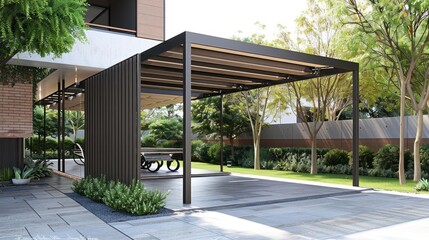 Naklejka premium Modern Outdoor Patio with Black Metal Pergola and Stone Tiles