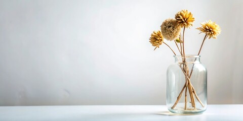 Dried flower in vase and decorations on white background with shallow depth of field