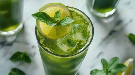 Refreshing Glass of Matcha Green Tea with Lime and Mint Garnish, Invigorating Close-Up